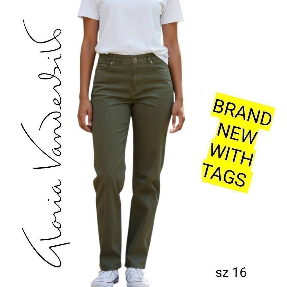 Gloria Vanderbuilt NEW! Army Green Amanda Slimming Stretch Denim Straight Jeans